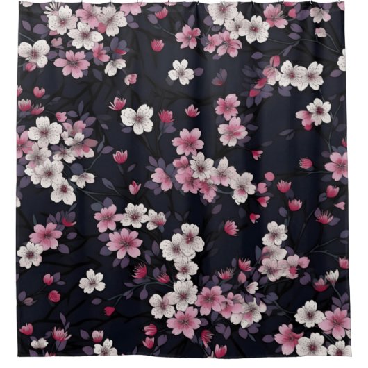 Schwarzer Hintergrund mit Blumen Duschvorhang (Vorderseite)