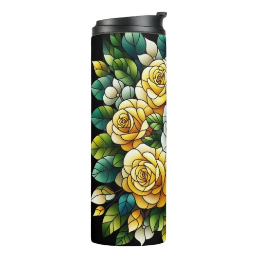 Schwarzer Hintergrund mit gelben Rosen Thermosbecher (Nach links gedreht)