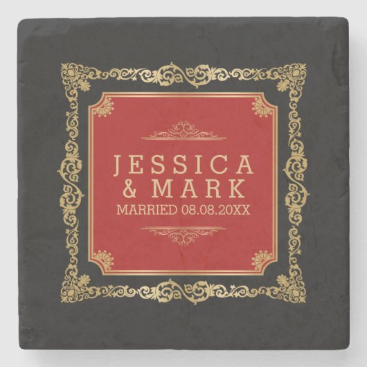 Schwarzer Hintergrund mit Verziertem Rahmen in Gol Steinuntersetzer (Vorderseite)