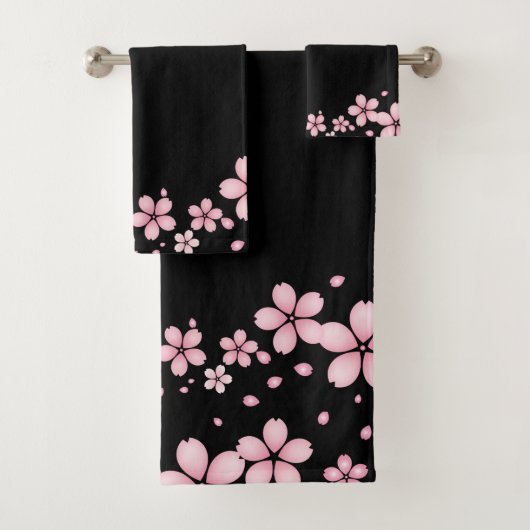 Schwarzer Hintergrund Rosa Blumenrinde Badhandtuch Set (Insitu)