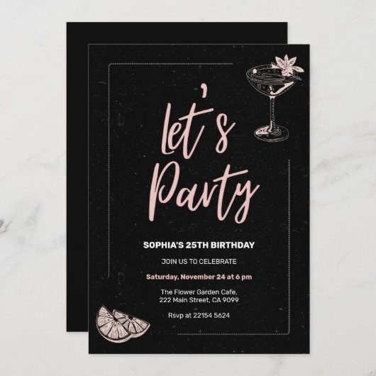 Schwarzer Hintergrund Rosa Cocktail Geburtstag Einladung (Vorne/Hinten)