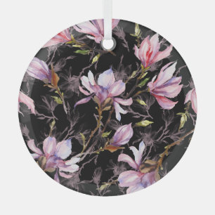 Schwarzer Hintergrund Rosa Magnolia Wasserfarbe Ornament Aus Glas