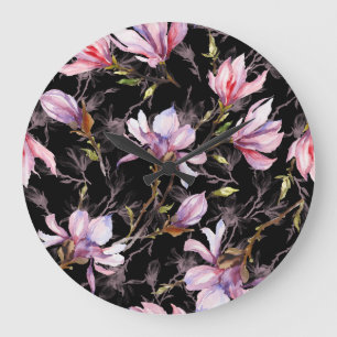 Schwarzer Hintergrund Rosa Magnolie Wasserfarbe Große Wanduhr