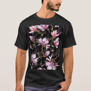Schwarzer Hintergrund Rosa Magnolie Wasserfarbe T-Shirt