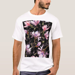 Schwarzer Hintergrund Rosa Magnolie Wasserfarbe T-Shirt