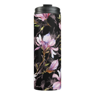 Schwarzer Hintergrund Rosa Magnolie Wasserfarbe Thermosbecher