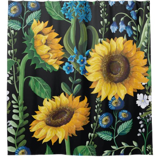 Schwarzer Hintergrund Sonnenblumenmuster Duschvorhang (Vorderseite)