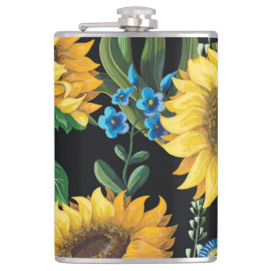 Schwarzer Hintergrund Sonnenblumenmuster Flachmann
