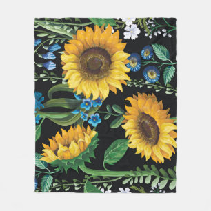 Schwarzer Hintergrund Sonnenblumenmuster Fleecedecke