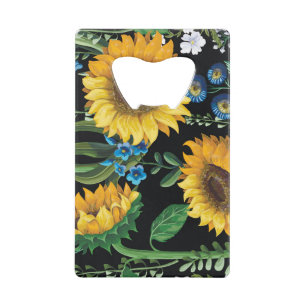 Schwarzer Hintergrund Sonnenblumenmuster Geldbeutel Flaschenöffner