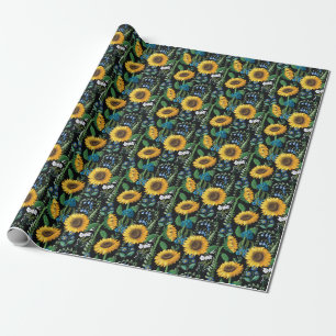 Schwarzer Hintergrund Sonnenblumenmuster Geschenkpapier