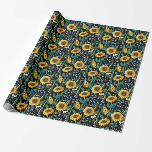 Schwarzer Hintergrund Sonnenblumenmuster Geschenkpapier (Ungerollt)