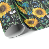 Schwarzer Hintergrund Sonnenblumenmuster Geschenkpapier (Rolleneckpunkt)