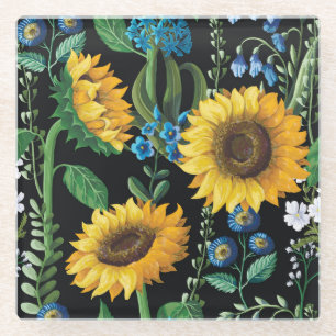 Schwarzer Hintergrund Sonnenblumenmuster Glasuntersetzer