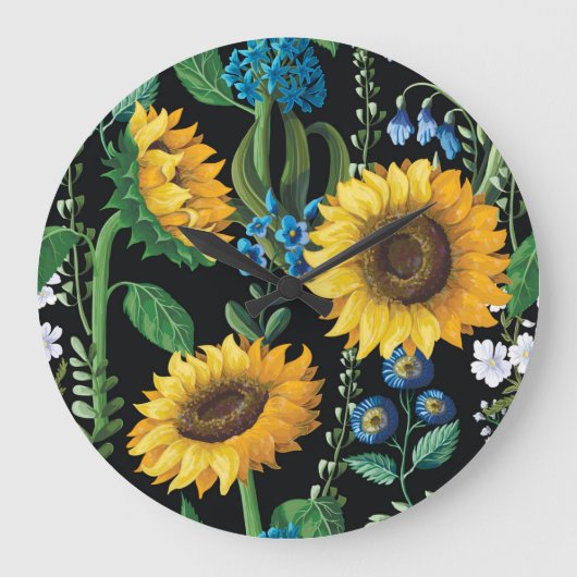 Schwarzer Hintergrund Sonnenblumenmuster Große Wanduhr (Vorderseite)