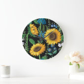 Schwarzer Hintergrund Sonnenblumenmuster Große Wanduhr (Zuhause)