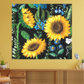 Schwarzer Hintergrund Sonnenblumenmuster Leinwanddruck (Insitu (Wohnzimmer))