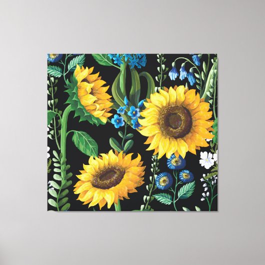 Schwarzer Hintergrund Sonnenblumenmuster Leinwanddruck (Vorderseite)