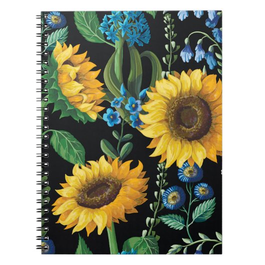 Schwarzer Hintergrund Sonnenblumenmuster Notizblock (Vorderseite)