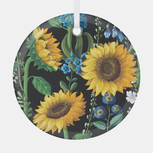 Schwarzer Hintergrund Sonnenblumenmuster Ornament Aus Glas (Vorderseite)