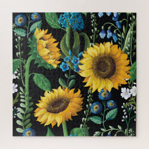 Schwarzer Hintergrund Sonnenblumenmuster Puzzle