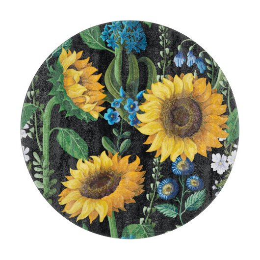 Schwarzer Hintergrund Sonnenblumenmuster Schneidebrett (Vorderseite)