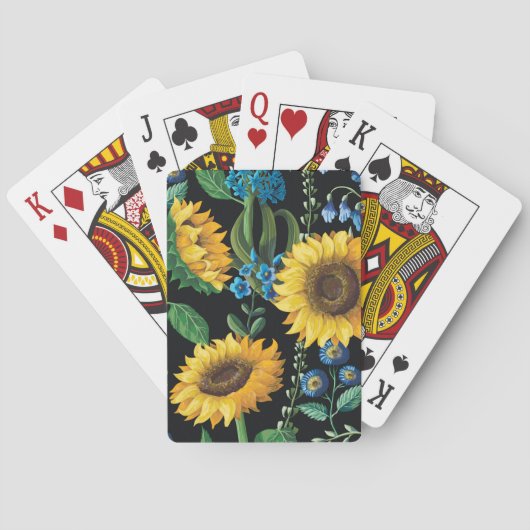 Schwarzer Hintergrund Sonnenblumenmuster Spielkarten (Rückseite)