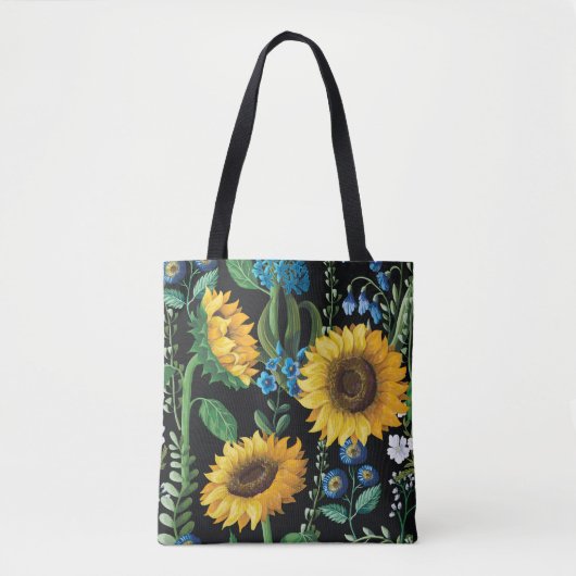 Schwarzer Hintergrund Sonnenblumenmuster Tasche (Vorderseite)