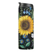 Schwarzer Hintergrund Sonnenblumenmuster Thermosbecher (Nach rechts gedreht)