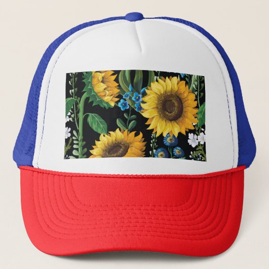 Schwarzer Hintergrund Sonnenblumenmuster Truckerkappe (Vorderseite)