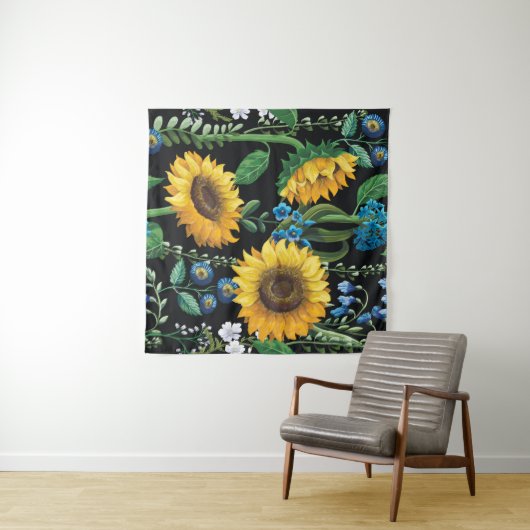 Schwarzer Hintergrund Sonnenblumenmuster Wandteppich (Beispiel (Horizontal))