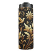 Schwarzer Hintergrund und goldenes Blattwerk Thermosbecher (Vorderseite)