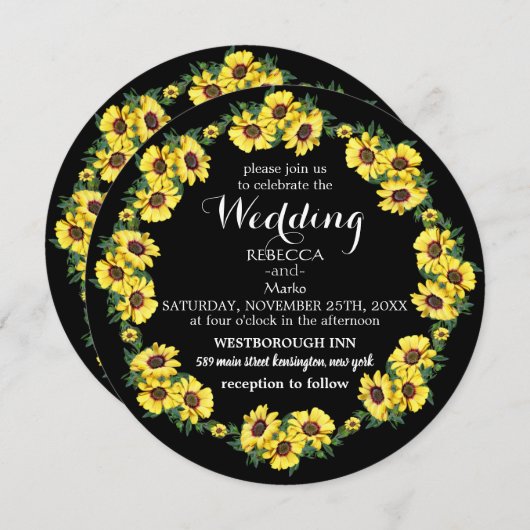 Schwarzer Hintergrund und Sonnenblumen Einladung (Vorne/Hinten)