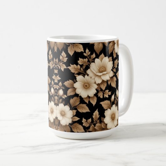 Schwarzer Hintergrund Weiße Blume Kaffeetasse (VorderseiteRechts)