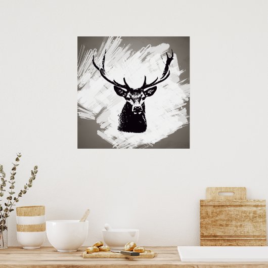 Schwarzer Hirschkopf auf weiß | Poster (Küche)