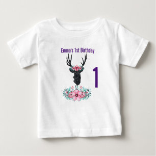 Schwarzer Hirschkopf mit rosa Blume Bouquet Geburt Baby T-shirt