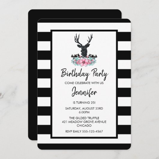 Schwarzer Hirschkopf mit rosa Blume Bouquet Geburt Einladung (Vorne/Hinten)