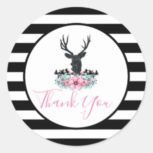 Schwarzer Hirschkopf mit rosa Blume & Gebirge Dank Runder Aufkleber