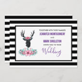 Schwarzer Hirschkopf mit rosa Blume Hochzeit Einladung (Vorne/Hinten)