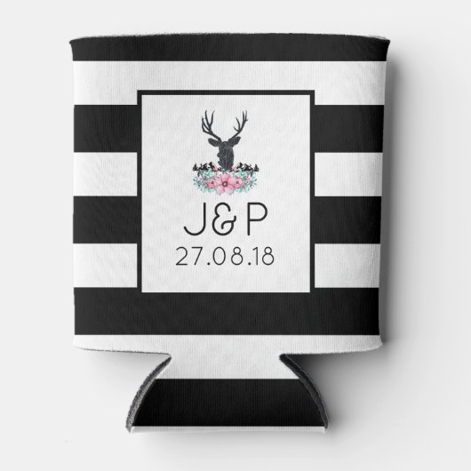 Schwarzer Hirschkopf mit rosa Blume und Berge Dosenkühler (Vorderseite)