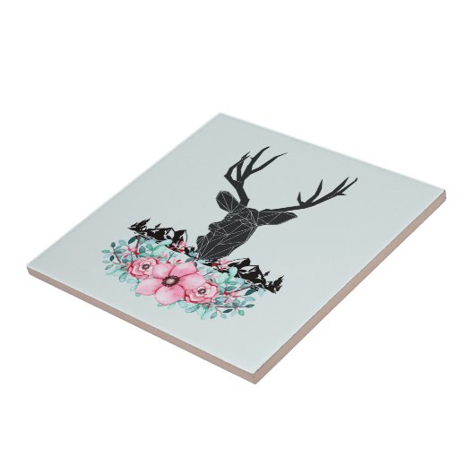 Schwarzer Hirschkopf mit rosa Blume und Berge Fliese (Seite)