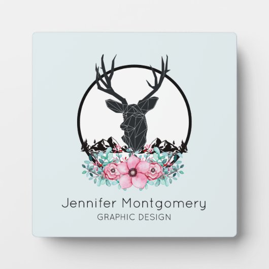 Schwarzer Hirschkopf mit rosa Blume und Berge Fotoplatte (Vorderseite)