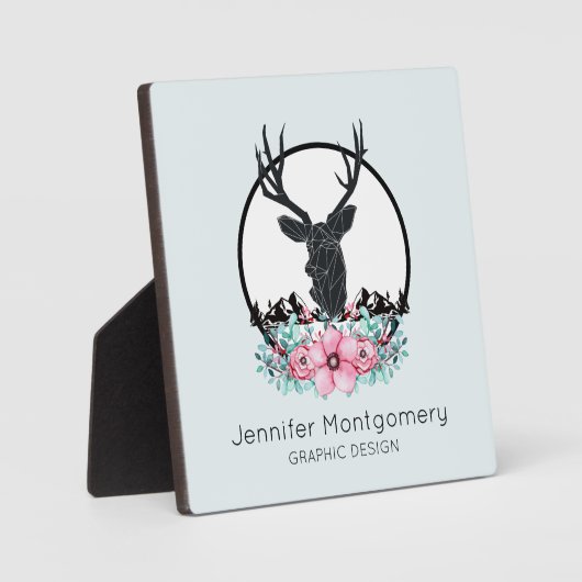 Schwarzer Hirschkopf mit rosa Blume und Berge Fotoplatte (Vorderseite)