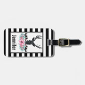 Schwarzer Hirschkopf mit rosa Blume und Berge Gepäckanhänger (Vorderseite horizontal)