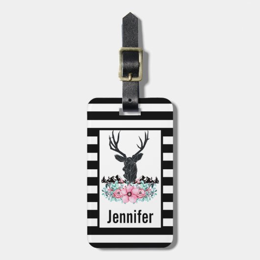 Schwarzer Hirschkopf mit rosa Blume und Berge Gepäckanhänger (Vorderseite vertikal)
