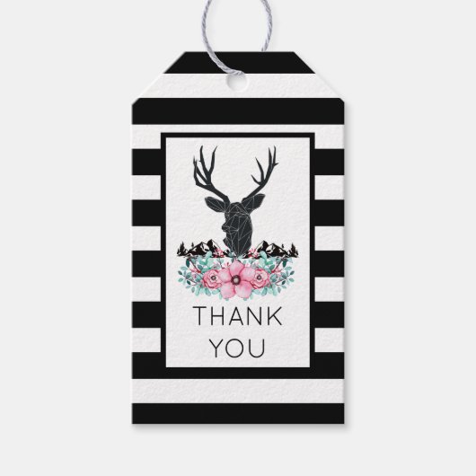 Schwarzer Hirschkopf mit rosa Blume und Berge Geschenkanhänger (Vorderseite)