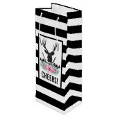 Schwarzer Hirschkopf mit rosa Blume und Berge Geschenktüte Für Weinflaschen (Rückseite Schrägansicht)