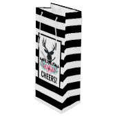 Schwarzer Hirschkopf mit rosa Blume und Berge Geschenktüte Für Weinflaschen (Vorderseite Schrägansicht)