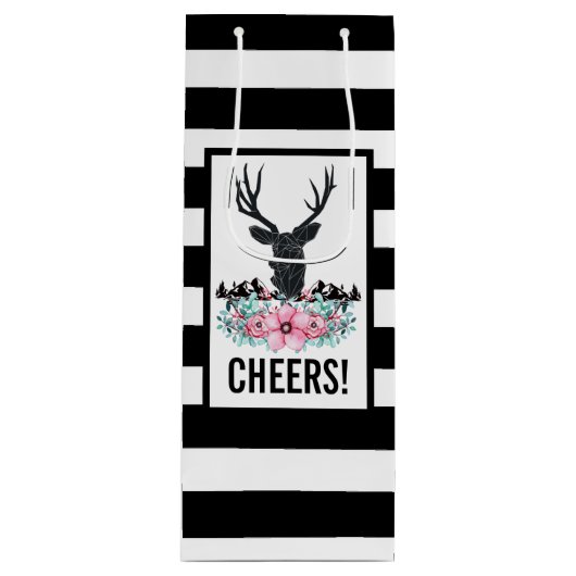 Schwarzer Hirschkopf mit rosa Blume und Berge Geschenktüte Für Weinflaschen (Vorderseite)