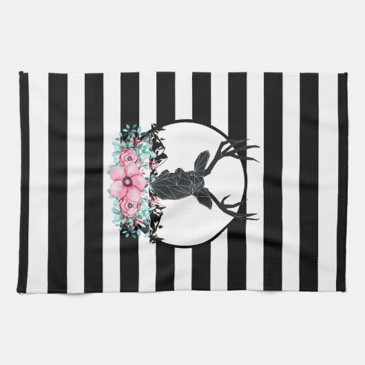 Schwarzer Hirschkopf mit rosa Blume und Berge Geschirrtuch (Horizontal)